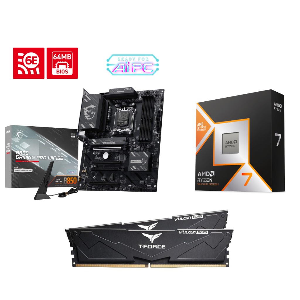 AMD Ryzen 7 9800X3D CPU + MSI B850 GAMING PRO WIFI6E Motherboard + T-Force 32GB D5 6000MHz CL30 RAM