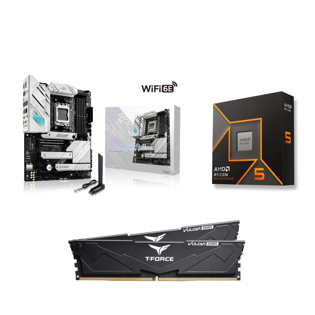 AMD Ryzen 5 9600X CPU + ASUS ROG STRIX B650-A GAMING WIFI Motherboard + T-Force 32GB D5 6000MHz CL30 RAM