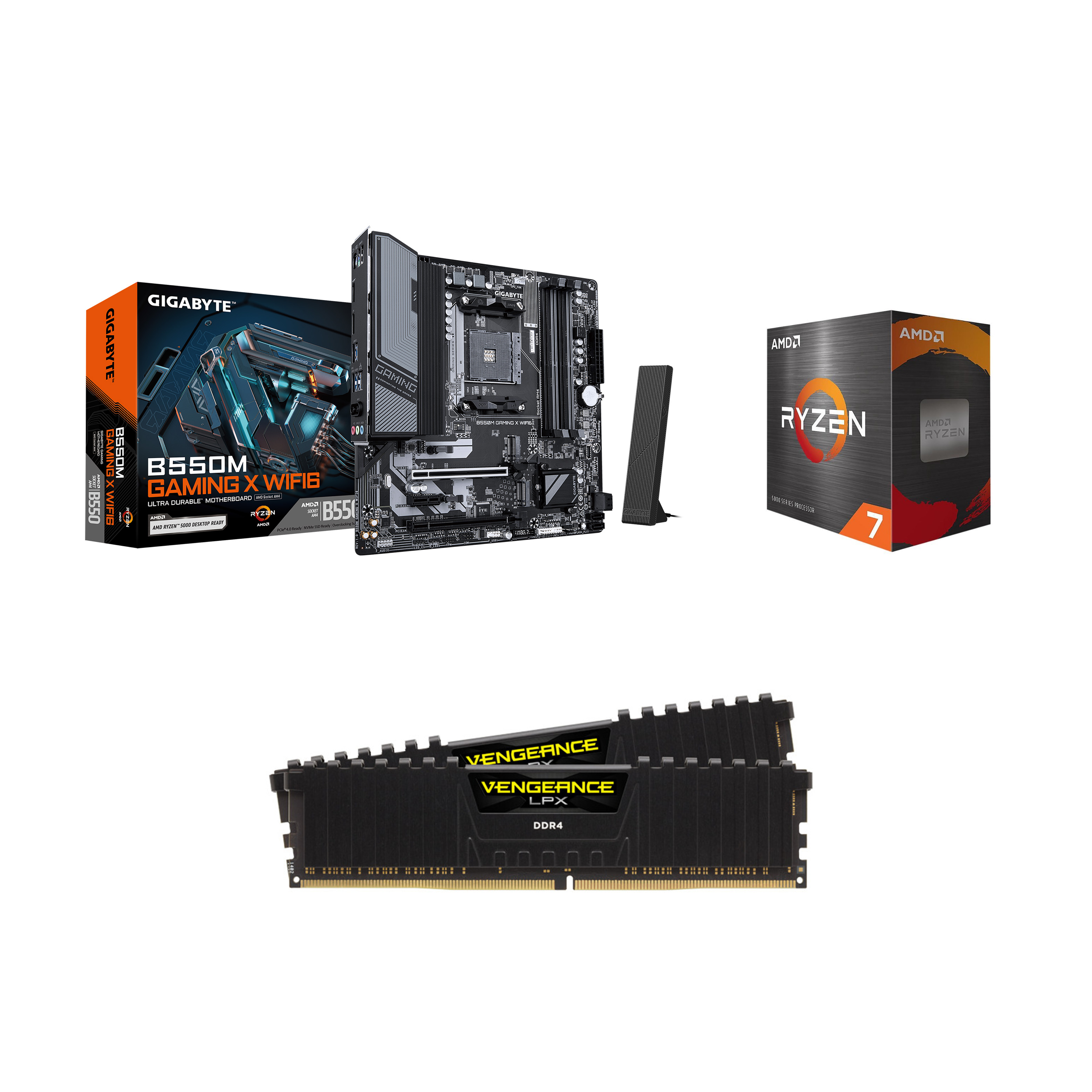 AMD Ryzen 7 5700X CPU + GIGABYTE B550M GAMING X WIFI6 Motherboard + CORSAIR 32GB DDR4 RAM