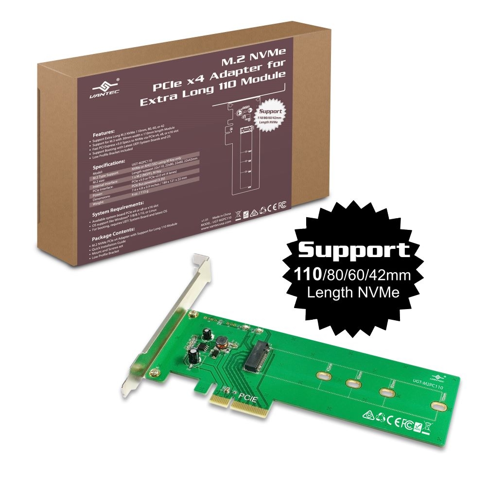 M.2 NVMe PCIe x4 Card with 22110 Length Support