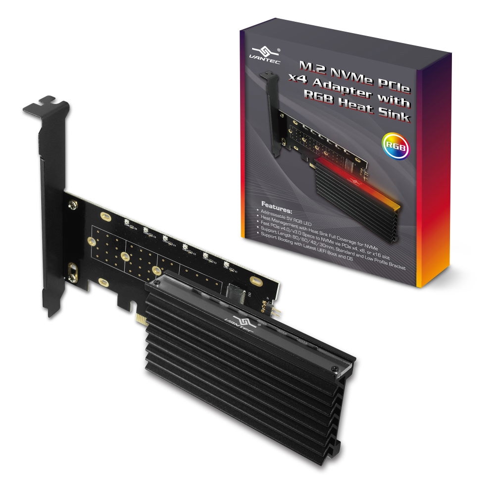 Vantec M.2 NVMe PCIe x4 RGB LED Card with Heat Sink-(UGT-M2PC12-RGB)