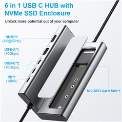 Boîtier iCan RSH-D06P USB C M.2 NVME/SSD avec fonctions HUB 6-en-1 10 Gbit/s(Open Box)