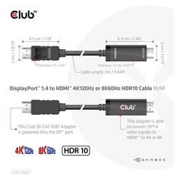 Club 3D Câble DisplayPort 1.4 vers HDMI 4K120Hz ou 8K60Hz HDR10 M/M 3m/9.84ft