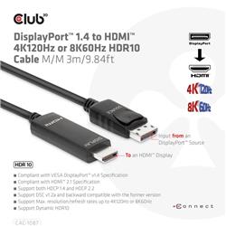 Club 3D Câble DisplayPort 1.4 vers HDMI 4K120Hz ou 8K60Hz HDR10 M/M 3m/9.84ft