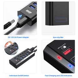 iCAN Hub USB 3.0 à 5 ports, câble de 1 m et adaptateur secteur 24 W
