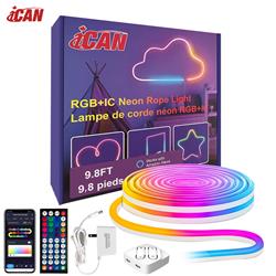 iCAN RGB+IC Neon Rope Light, 9.8ft LED Strip Lights, Music Sync, DIY Design, App Control, Neon Lights for Gaming Room Living Bedroom Wall Decor.