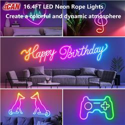iCAN RGB+IC Neon Rope Light, 16.4ft LED Strip Lights, Music Sync.