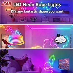 iCAN RGB+IC Neon Rope Light, 16.4ft LED Strip Lights, Music Sync.