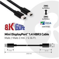 CLUB 3D Mini DisplayPort 1.4 Male to Mini DisplayPort Male Cable, 2m