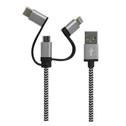 Câble iCAN USB 3 en 1, Apple MFi, M/M, 1,5 m, noir et blanc, tressé