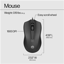 HP Wired Mouse 100 - Precise Optical Sensor with 1600 DPI - Easy USB Connection - Ambidextrous Design - 3 Button Control & Buil