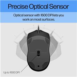 HP Wired Mouse 100 - Precise Optical Sensor with 1600 DPI - Easy USB Connection - Ambidextrous Design - 3 Button Control & Buil