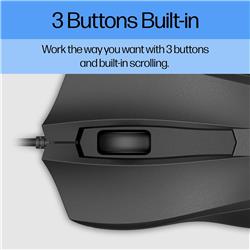HP Wired Mouse 100 - Precise Optical Sensor with 1600 DPI - Easy USB Connection - Ambidextrous Design - 3 Button Control & Buil
