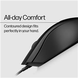 HP Wired Mouse 100 - Precise Optical Sensor with 1600 DPI - Easy USB Connection - Ambidextrous Design - 3 Button Control & Buil