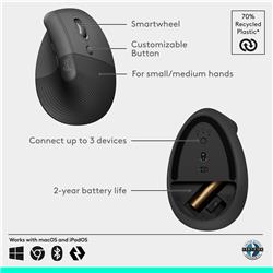 LOGITECH Lift Vertical Ergonomic Wireless Mouse (Graphite)