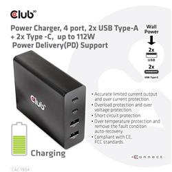 Chargeur de puissance CLUB3D jusqu'à 112W, 4 ports, 2x USB Type-A 2x Type-C