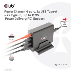 Chargeur de puissance CLUB3D jusqu'à 112W, 4 ports, 2x USB Type-A 2x Type-C