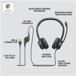 Logitech H390 Stereo Headset - Noise-Canceling Mic - Black