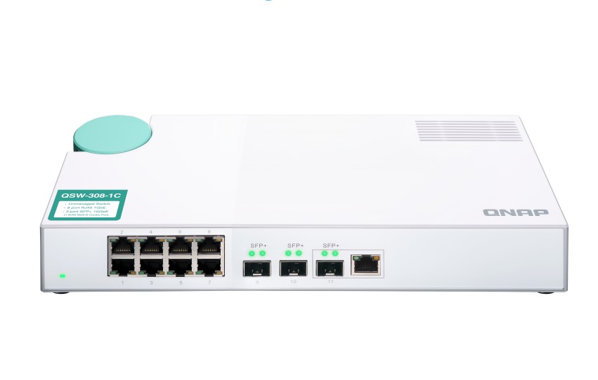 QNAP (QSW-308-1C) Commutateur 1GbE non géré à 8 ports. Huit ports 1GbE NBASE-T, trois 10GbE SFP+ avec un port 10GBASE-T part...