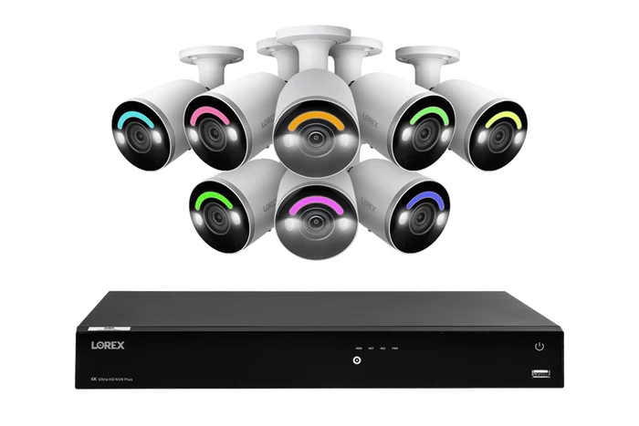 Lorex Fusion 4K (16 Camera Capable) 4TB Wired NVR System with Eight Bullet Camera Featuring Smart Security Lighting and 2-Way A