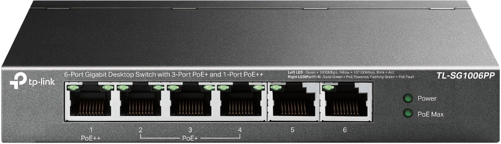 TP-Link (TL-SG1006PP) Switch de bureau Gigabit 6 ports avec 3 ports PoE+ et 1 port PoE++, Plug and Play, récupération automa...
