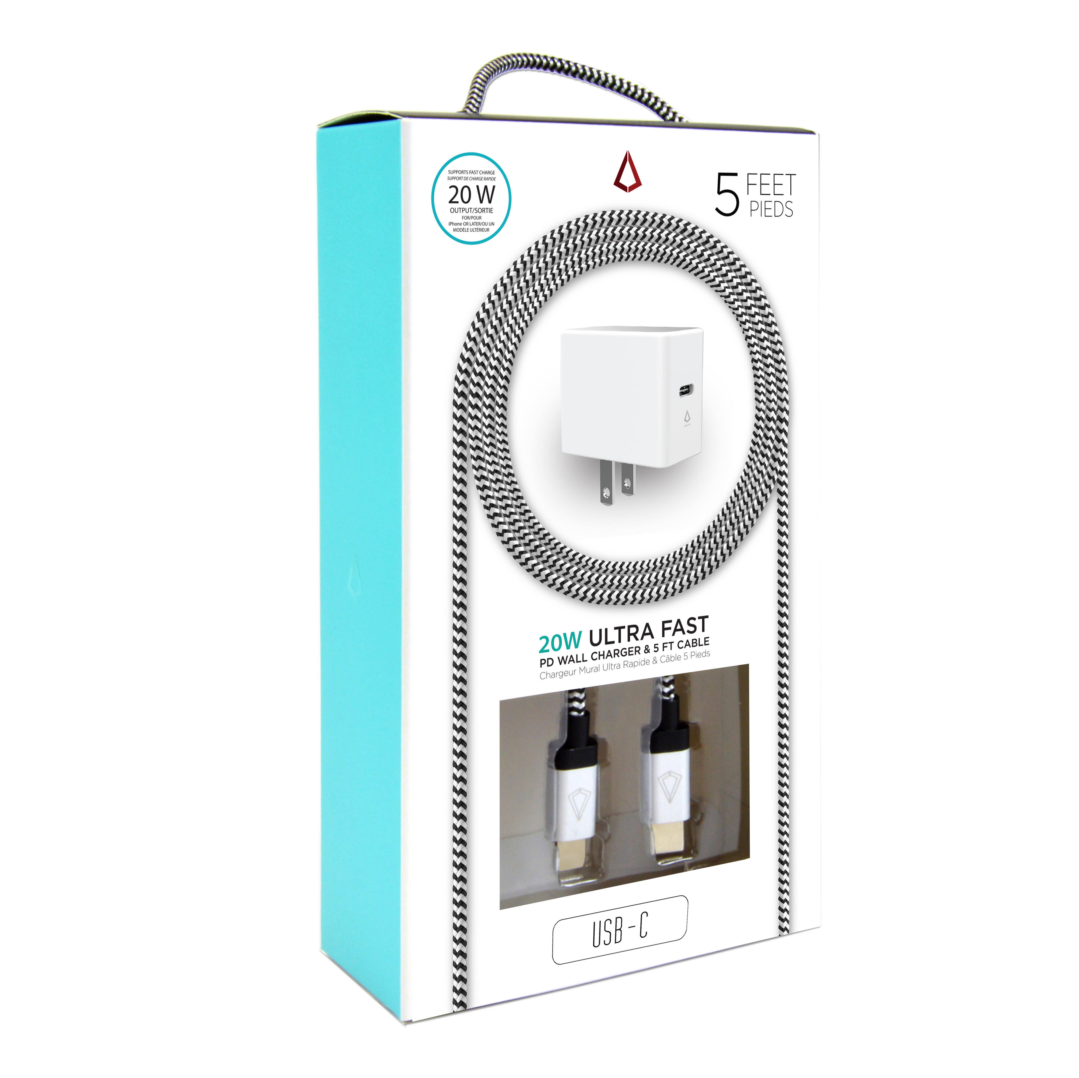 LBT 20W PD Charger with 5ft USB-C to USB-C Braided Cable(Open Box)