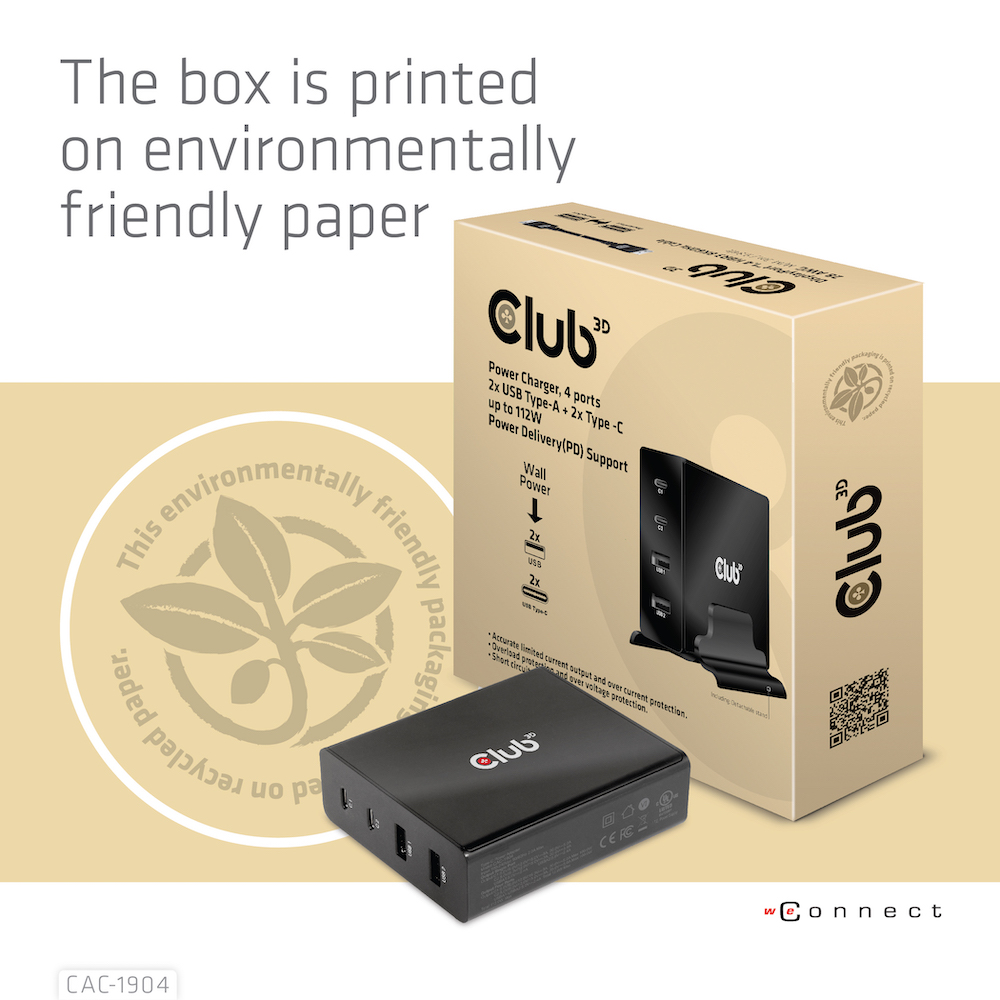 Chargeur de puissance CLUB3D jusqu'à 112W, 4 ports, 2x USB Type-A 2x Type-C