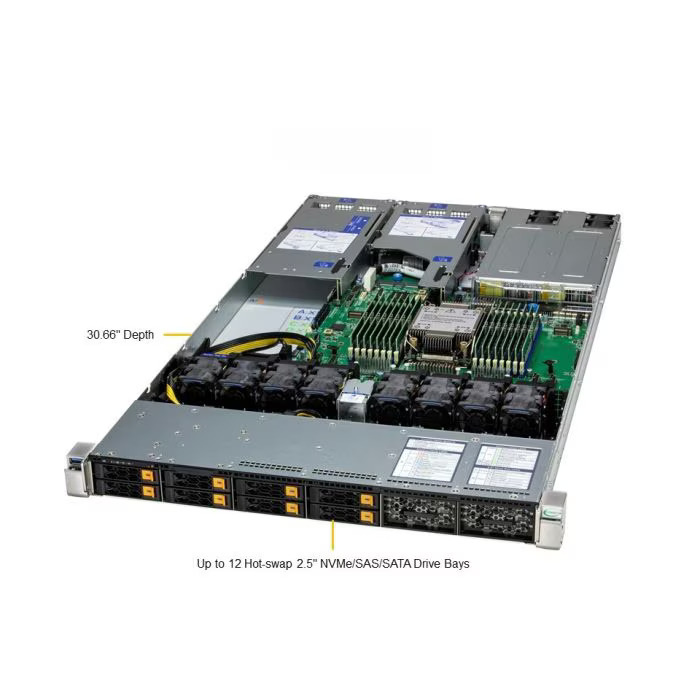 SUPERMICRO 1U Hyper SuperSever ( H14DSH, CSE-HS101-R000NFP) AMD EPYC 9654 96C/192T, 32GB DDR5-5600 2Rx8 ECC RDIMM (x64), SSD 2.