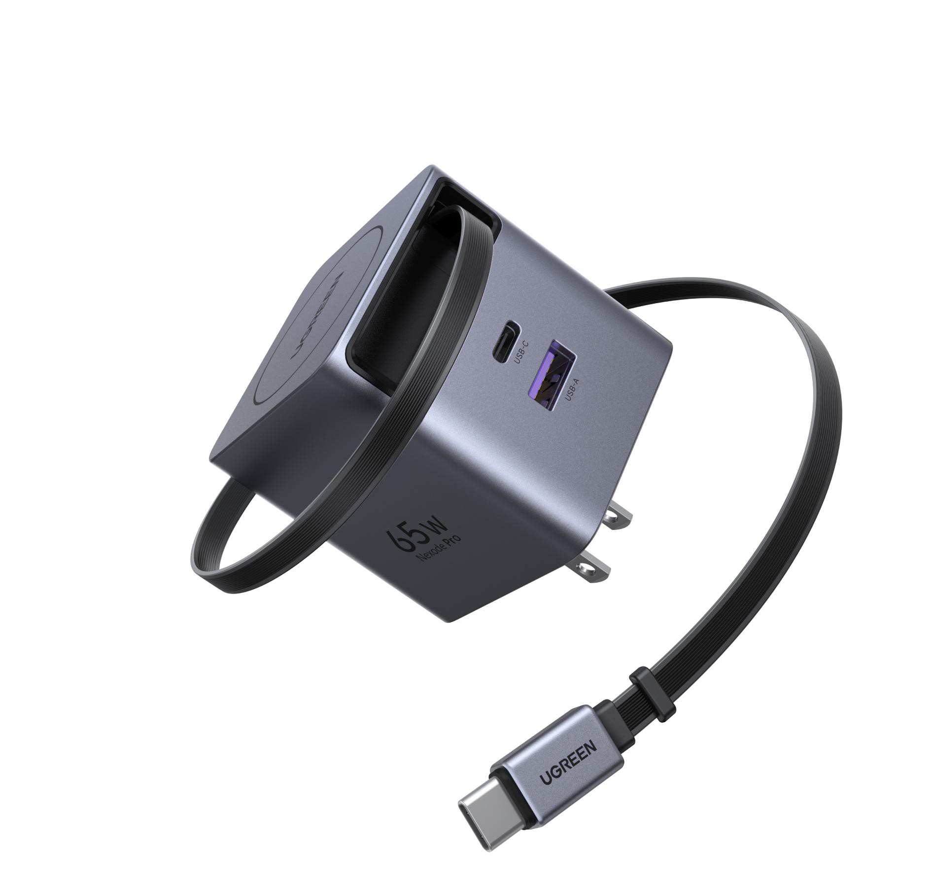 UGREEN Charger Nexode GaN 65W USB C / A Charger, 2 Ports Retractable