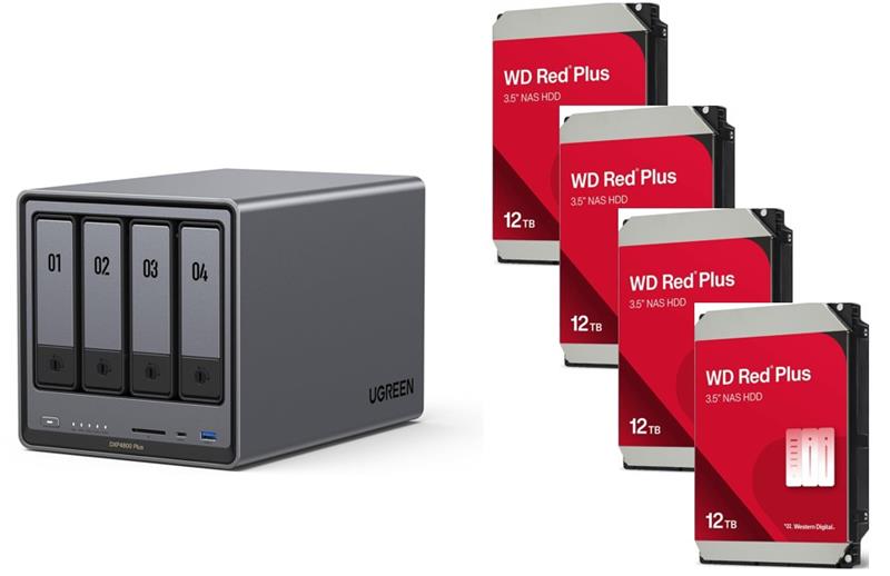 UGREEN DXP4800 Plus 4-Bay NAS (Diskless) + 4x WD Red Plus 12 TB Hard Drive SATA (SATA/600) 7200rpm (WD120EFGX)