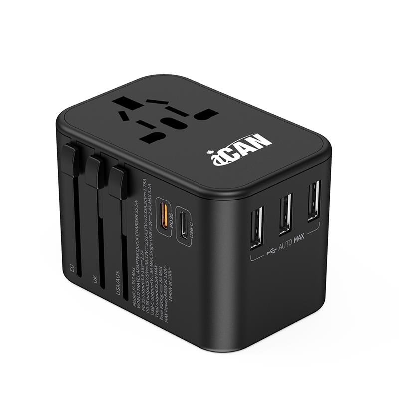 iCAN 35.5W 5-Port Universal Travel Adapter with 2 USB-C and 3 USB-A