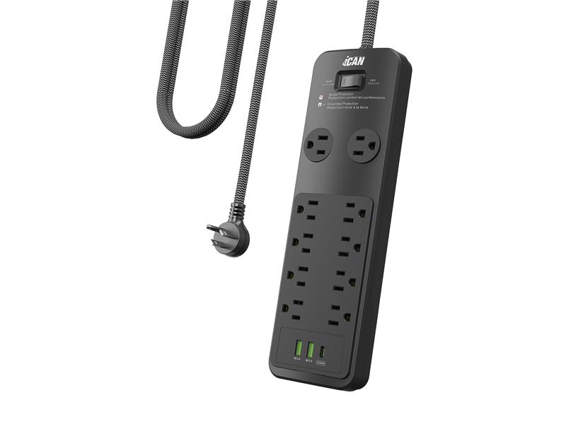 iCAN 10 Outlets Surge Protector with 2 USB-A and 1 USB-C, 6ft Cord