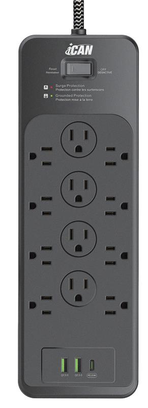 iCAN 12 Outlets Surge Protector with 2 USB-A and 1 USB-C, 6ft Cord
