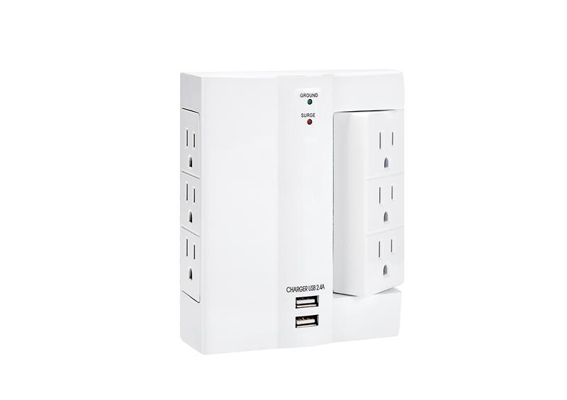 iCAN 6 Outlets 2 USB-A Rotatable Wall Tap Surge Protector,Black