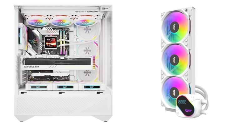 DarkFlash DY460 Luxury ATX PC Case, 4x ARGB Fans Included, White+DarkFlash DO360 360mm Liquid AIO CPU Cooler with LCD Screen, W