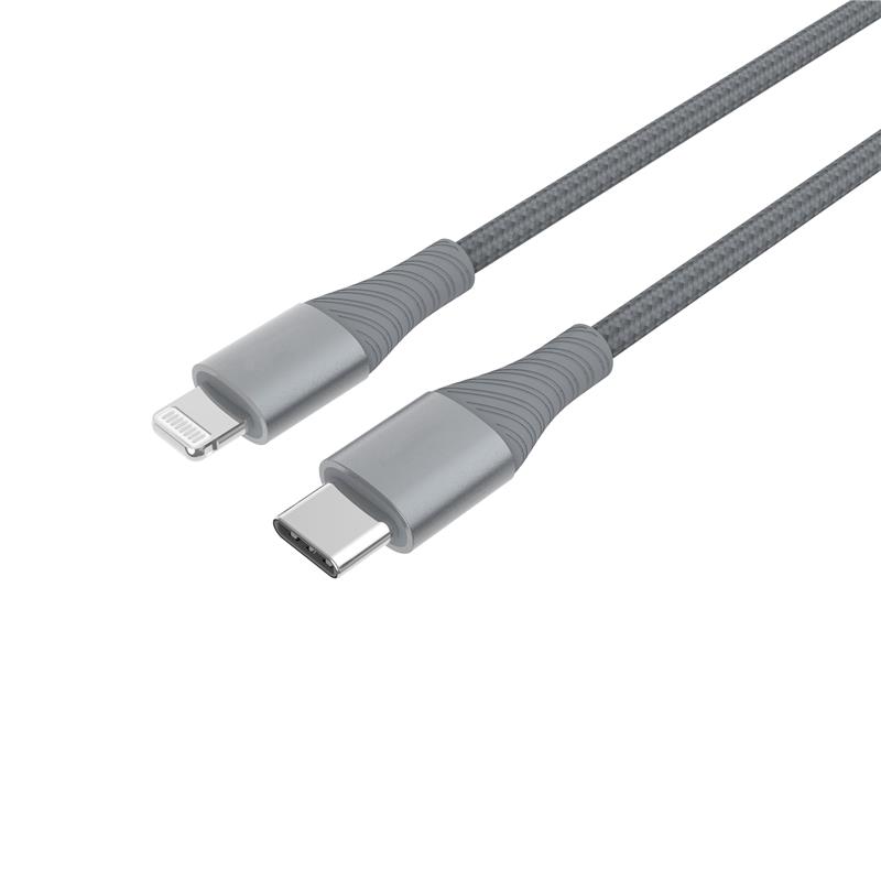 iCAN Premium 6pi USB-C vers câble Lightning, Apple MFi, connecteur en métal, tressé, gris
