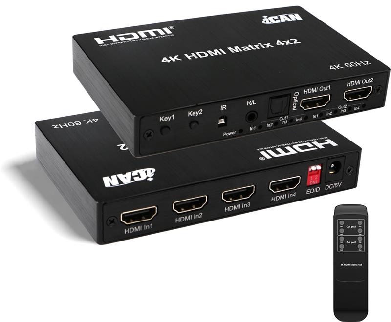 iCAN HDMI Matrix 4X2 4K@60Hz with Audio 3.5mm Stereo Toslink Output