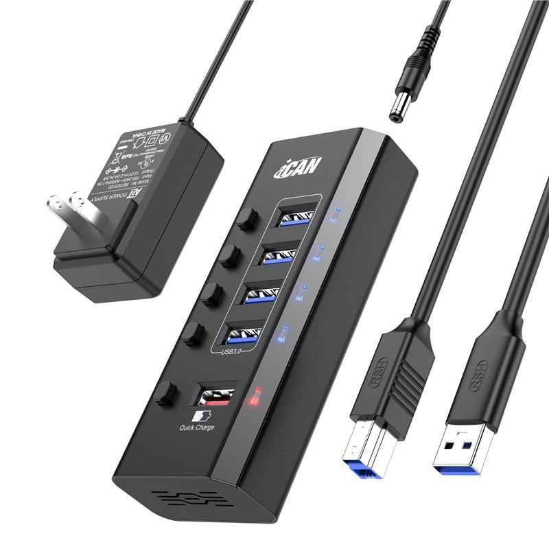 iCAN Hub USB 3.0 à 5 ports, câble de 1 m et adaptateur secteur 24 W