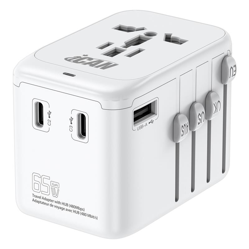 iCAN 65W 4-Port Universal Travel Adapter with 3 USB-C and 1 USB-A