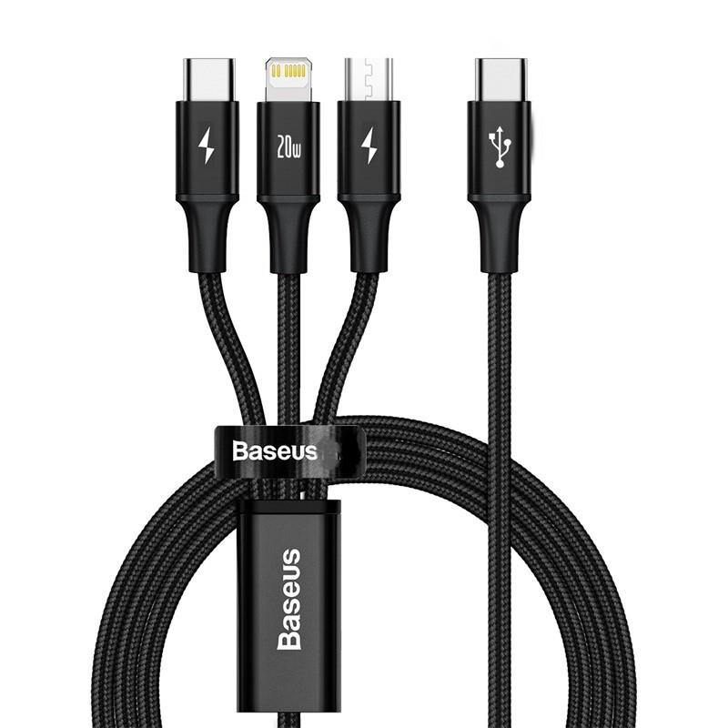 Baseus "Rapid Series" 3-in-1 Fast Charging Data Cable Type-C to M+L+C PD 20W, 1.5m (5ft), Black