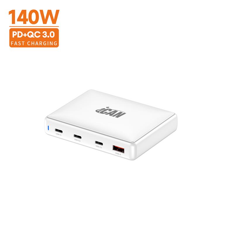 iCAN Chargeur mural fin 140 W à 4 ports avec 3 USB-C et 1 USB-A
