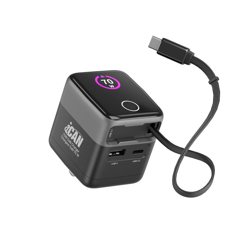 iCAN Chargeur GaN PD portable à 2 ports 70 W avec câble rétractable
