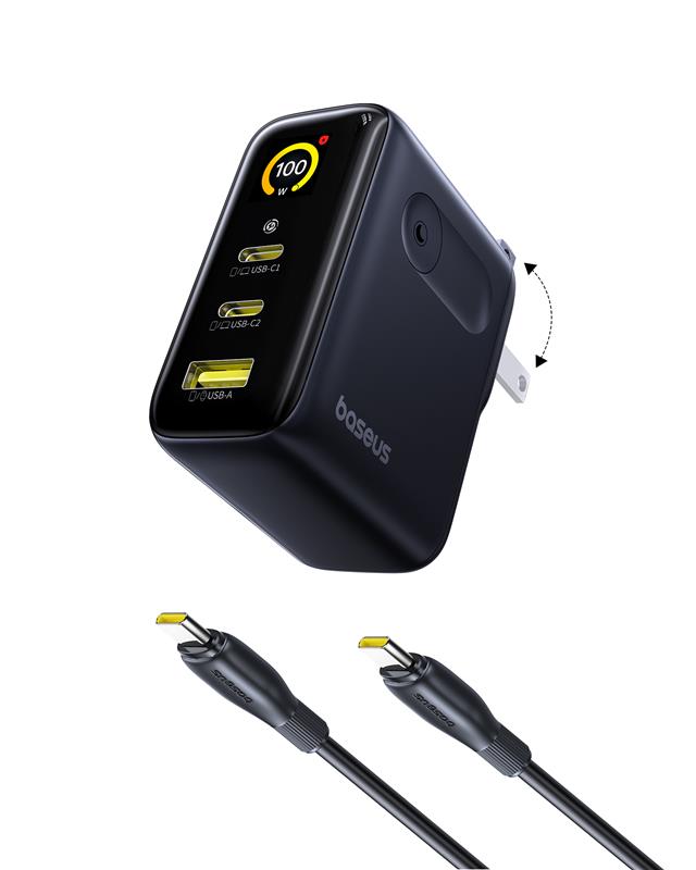 Baseus 100W 3-Port GaN Display Wall Charger with 100W C to C cable