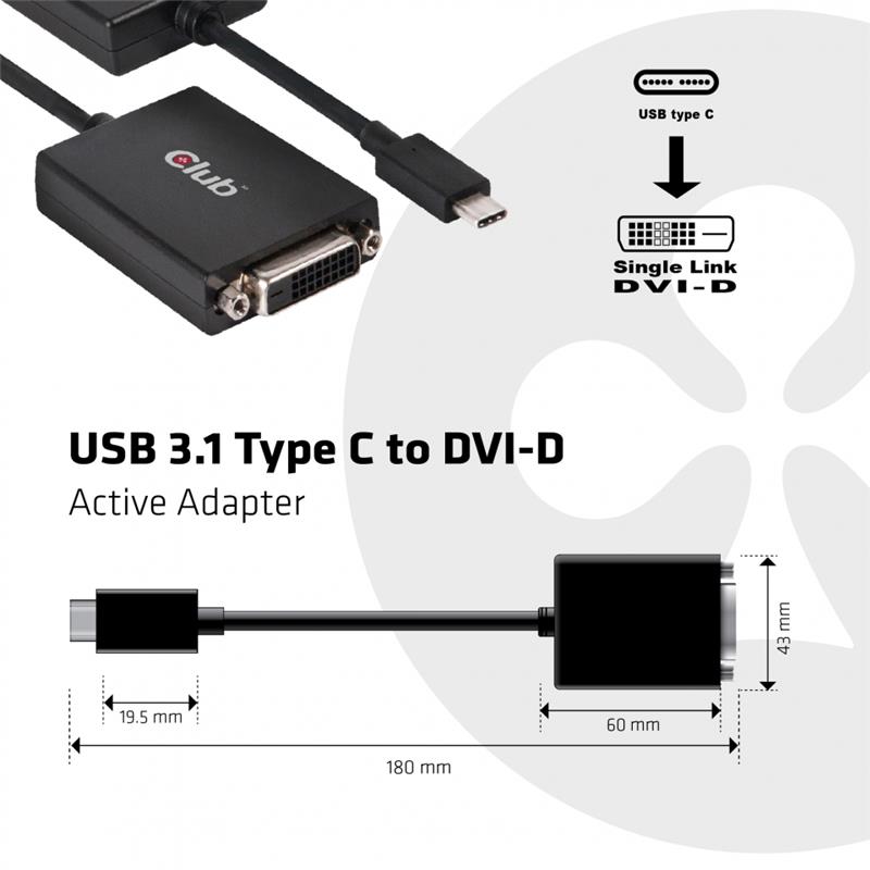 Adaptateur actif mâle USB 3.1 Type-C vers femelle DVI-D de CLUB 3D (CAC-1508)