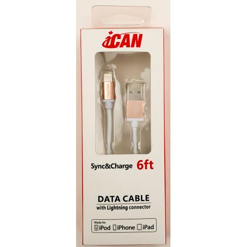 iCAN MFi Type-A Male to Lightning Male Cable, 5V/2.4A, 6ft
