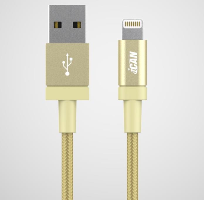 Câble iCAN Premium USB-A 2.0 vers Lightning, tressé, M/M, 6 pieds, or