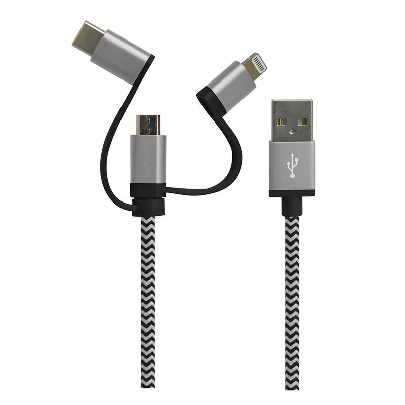 Câble iCAN USB 3 en 1, Apple MFi, M/M, 1,5 m, noir et blanc, tressé
