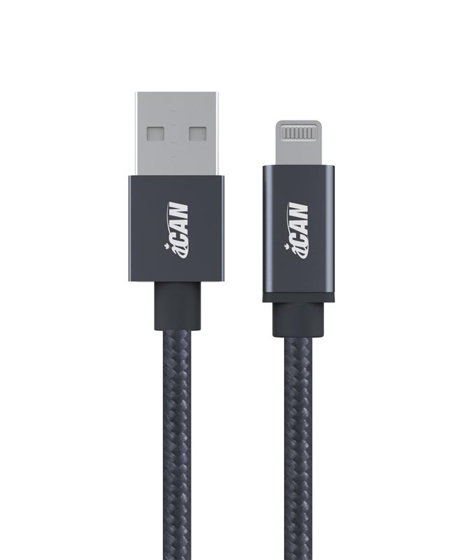 iCAN - Câble Premium USB-A 2.0 vers Lightning, Apple MFi, tressé en nylon, M/M, 3ft, Gris