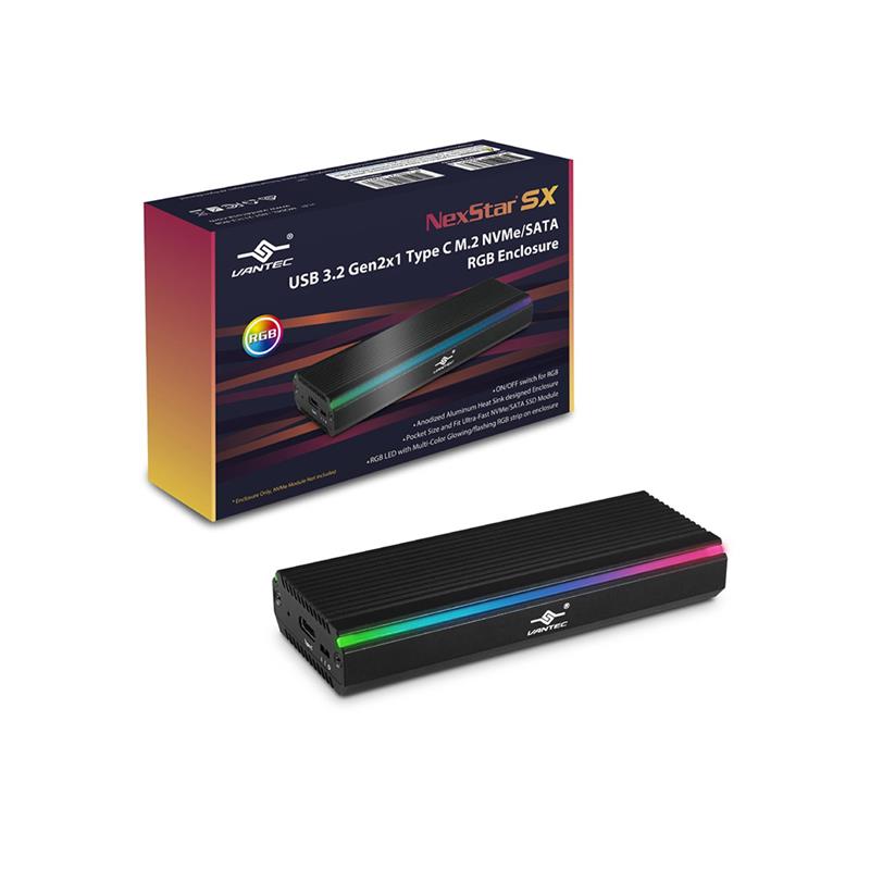 Vantec NexStar SX, USB 3.2 Gen2x1 Type C M.2 NVMe/SATA RGB Enclosure