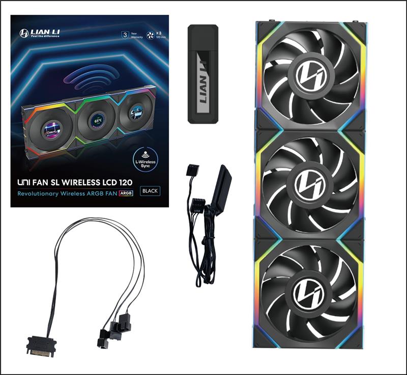 LIAN LI UNI FAN SL WIRELESS LCD RGB Black 3x 12cm Fan Pack with